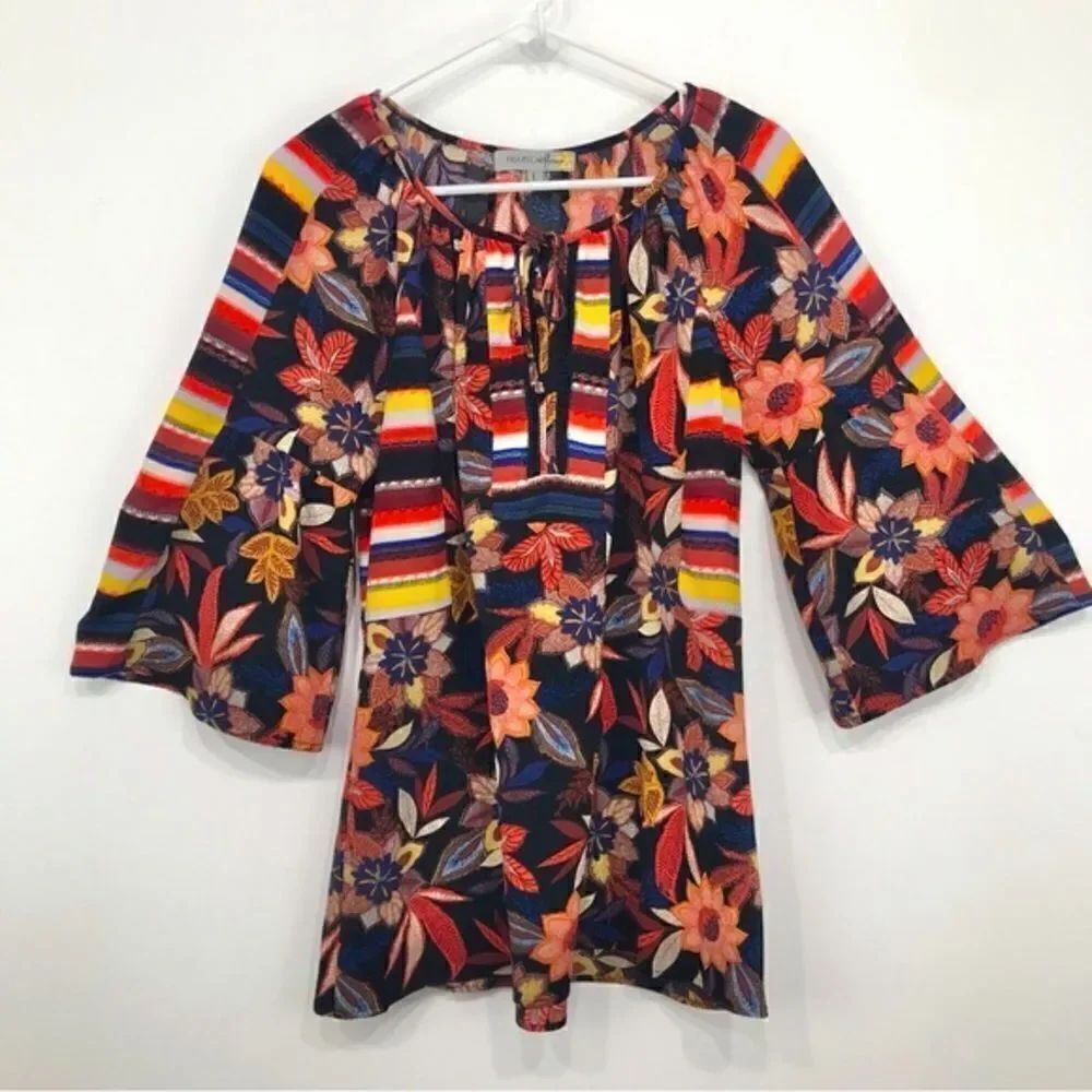 Figueroa & Flower Anthropologie Dark Floral Stripe Peasant Festival Boho Blouse